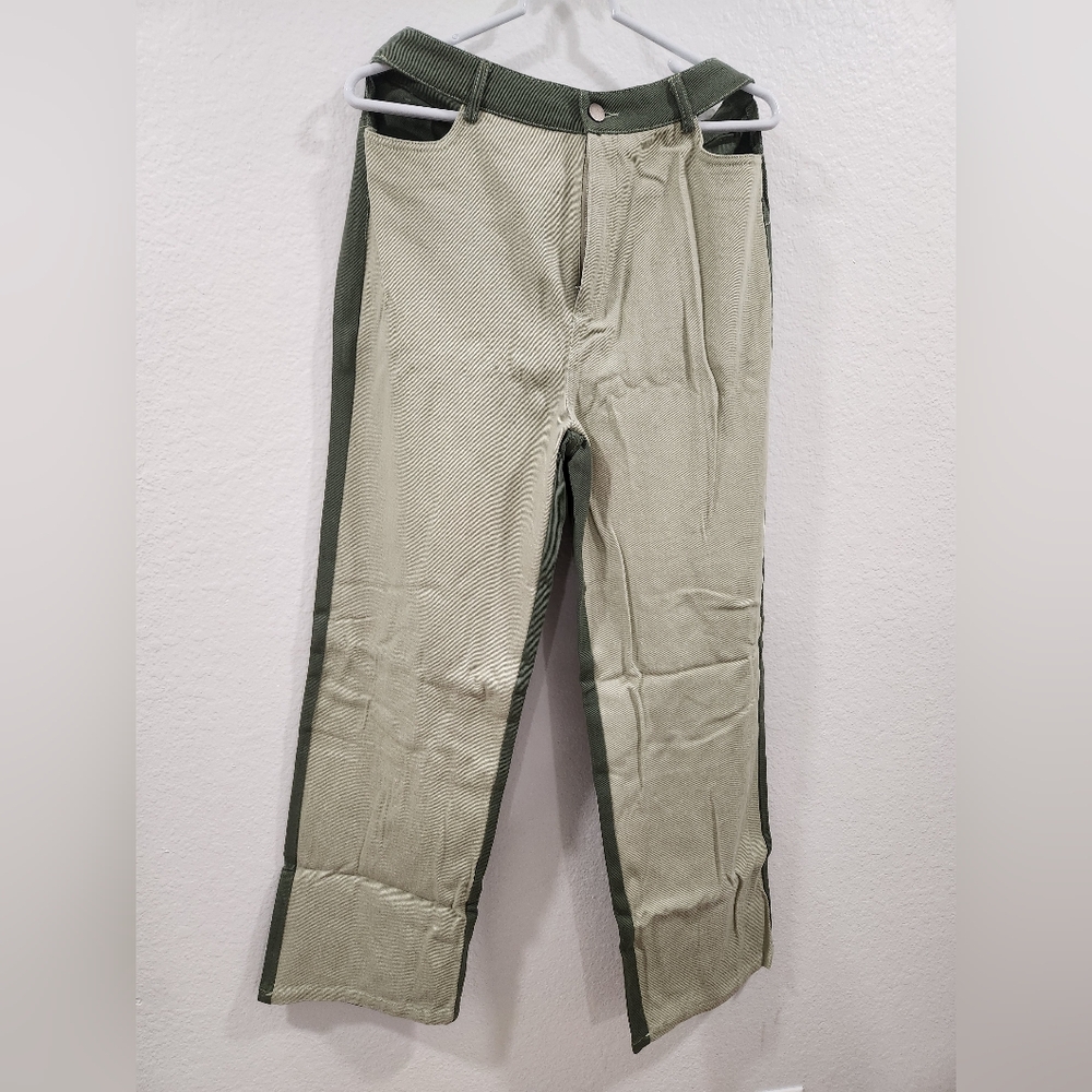 Papermoon Cream and Green Jeans With Side Cutouts